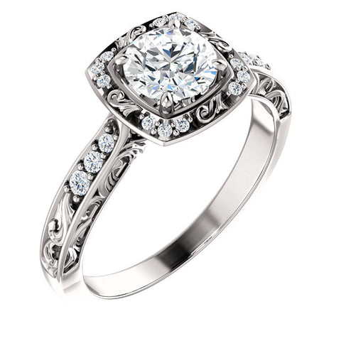 Engraved Scroll Flourish Round Brilliant Cut Diamond Halo Engagement Ring