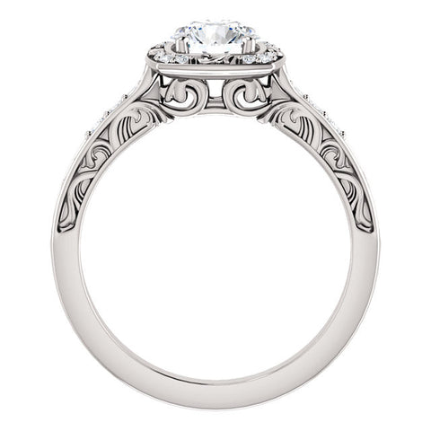 Engraved Scroll Flourish Round Brilliant Cut Diamond Halo Engagement Ring