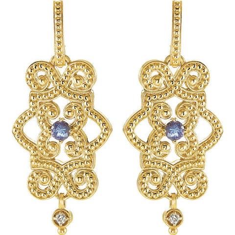 Earrings > Dangle > Diamond > .03 CTW > & > Tanzanite > Design > Granulated