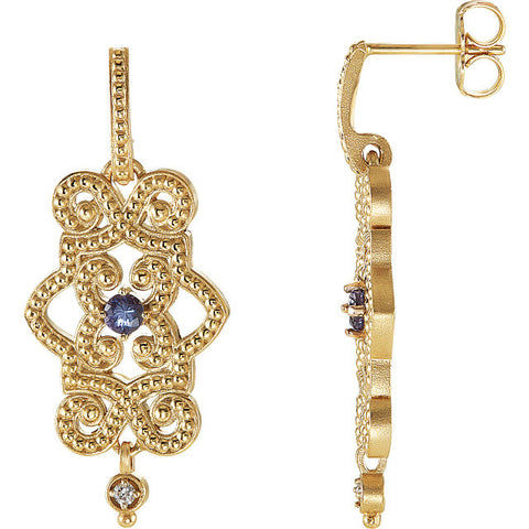 Earrings > Dangle > Diamond > .03 CTW > & > Tanzanite > Design > Granulated