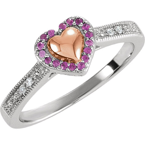 Ring > Heart > Puffed > Diamond > .02 CTW > & > Sapphire > Pink