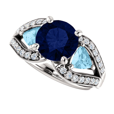 Ring > Diamond > CTW > 1/Aquamarine & 1 > Sapphire, > Blue > Created > Chatham®